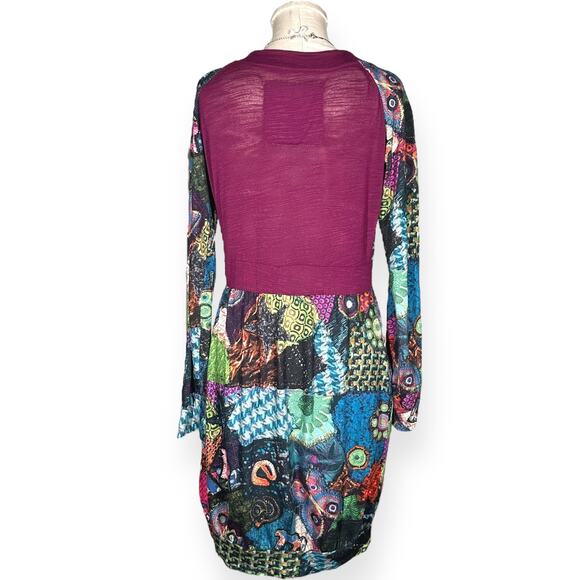 DESIGUAL Cocktail Dress Made in Spain Long Sleeve Tribal Festival Red V-Neck - Picture 5 of 11